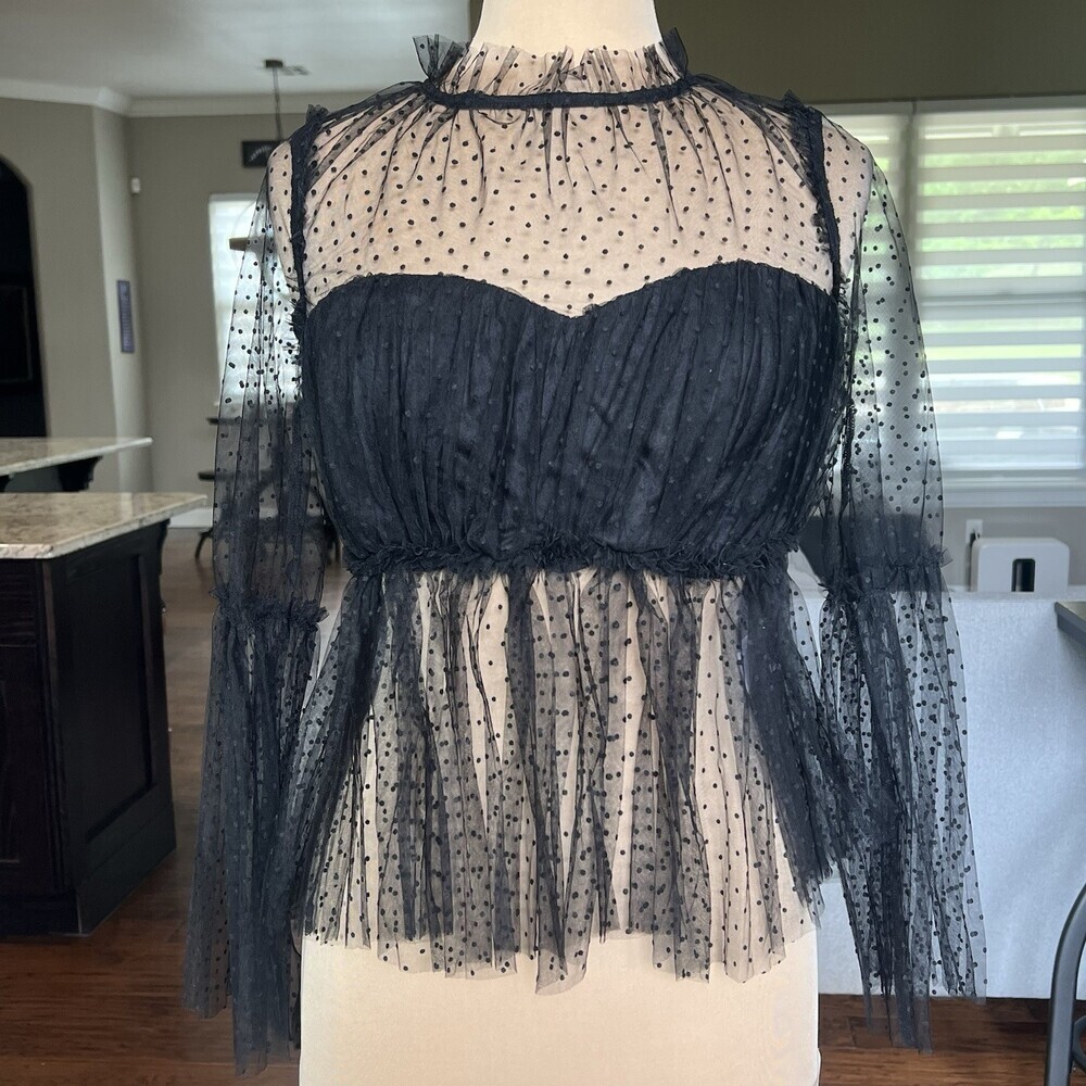 NWT Strut & Bolt Sheer Polka Dot Mesh Blouse Black Ruffle Gothic Romantic Size S